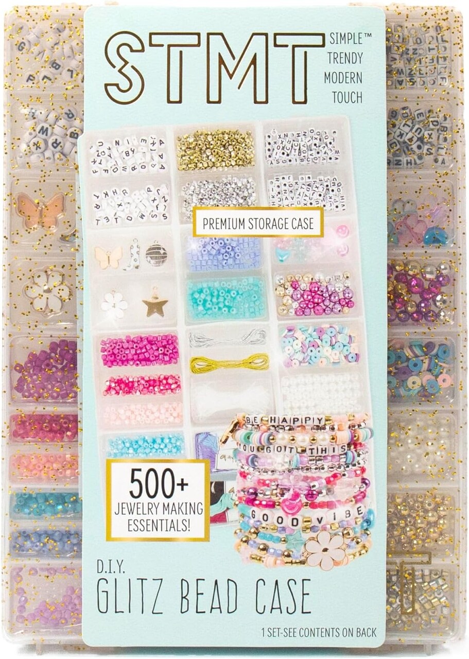 D.I.Y. Glitz Bead Case – 500+ Jewelry Making Supplies with Beads, Charms & Elastic Cords | Friendship Bracelet Kit for Teen Girls | Portable Craft Storage Case